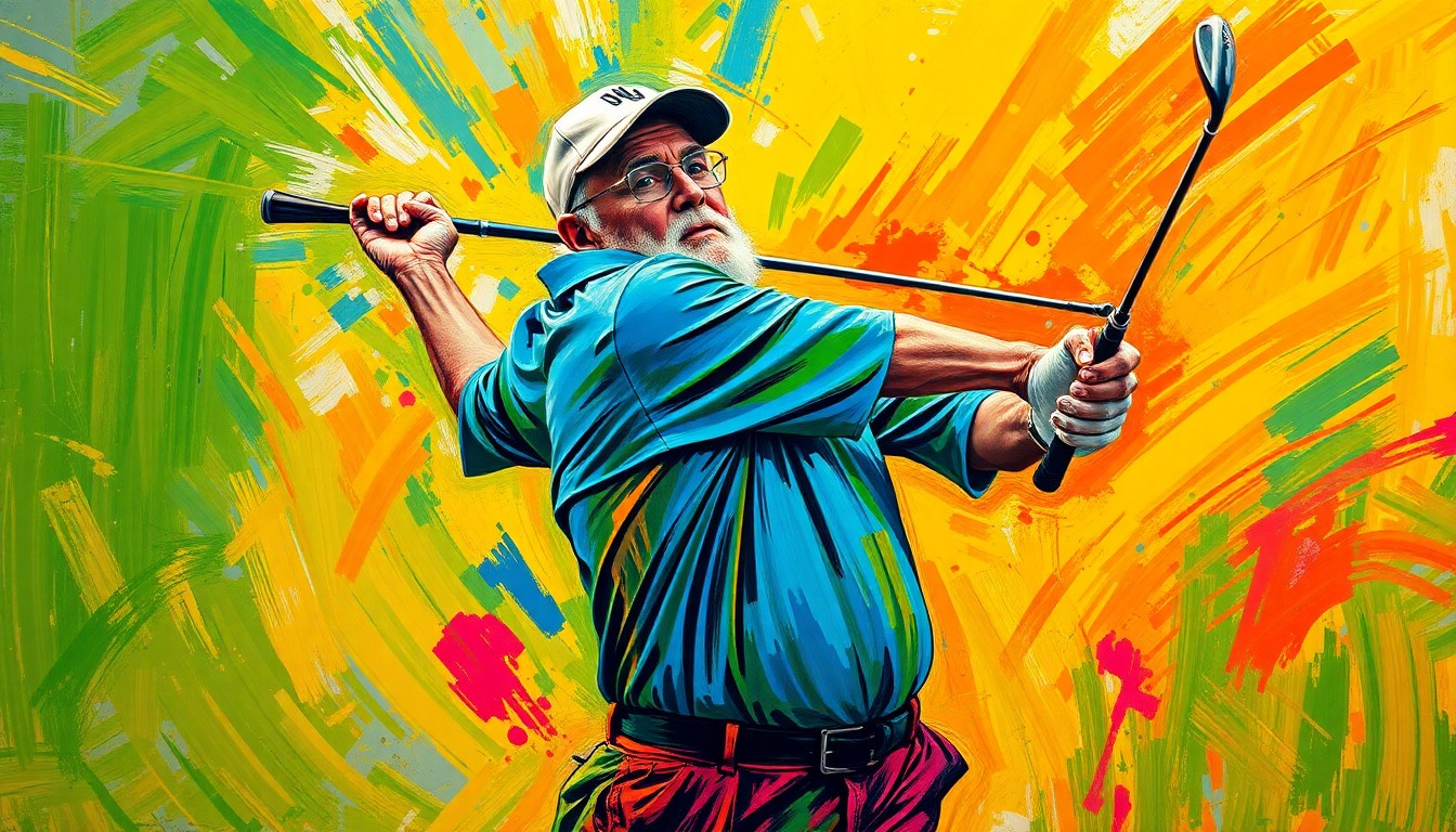 An abstract expressionist painting using bold, neon-colored brushstrokes to depict the dynamic motion of an elderly golfer swinging a club, conveying the vibrant energy and skill of this centenarian athlete.