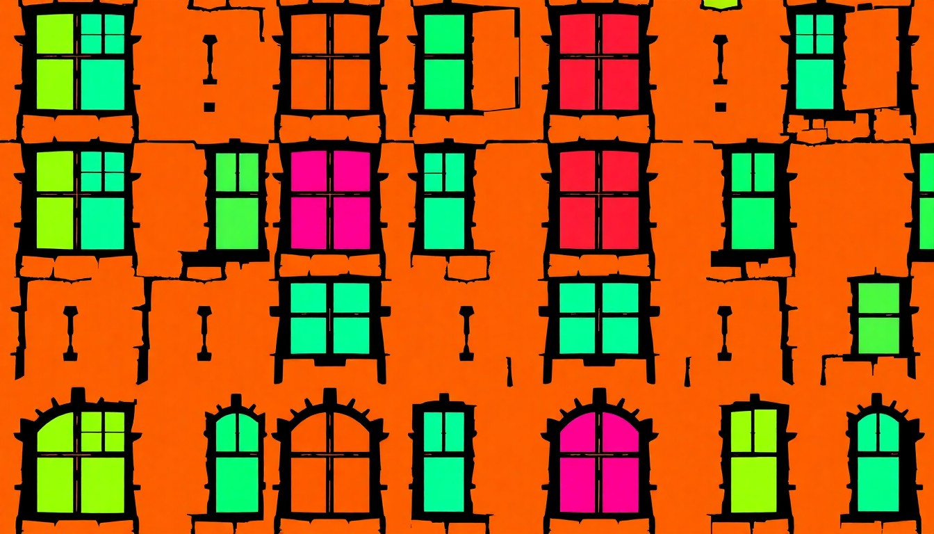 A brightly colored, high-contrast silkscreen print of a medieval-style castle window repeated in a tight grid pattern, capturing the unique design and remote location of this hidden rural property.