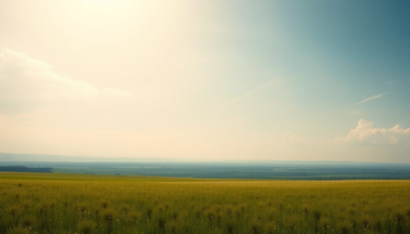 A sweeping, atmospheric landscape painting in muted tones of green, blue, and gold, capturing the serene, expansive beauty of the natural world and conveying a sense of tranquility and renewal.