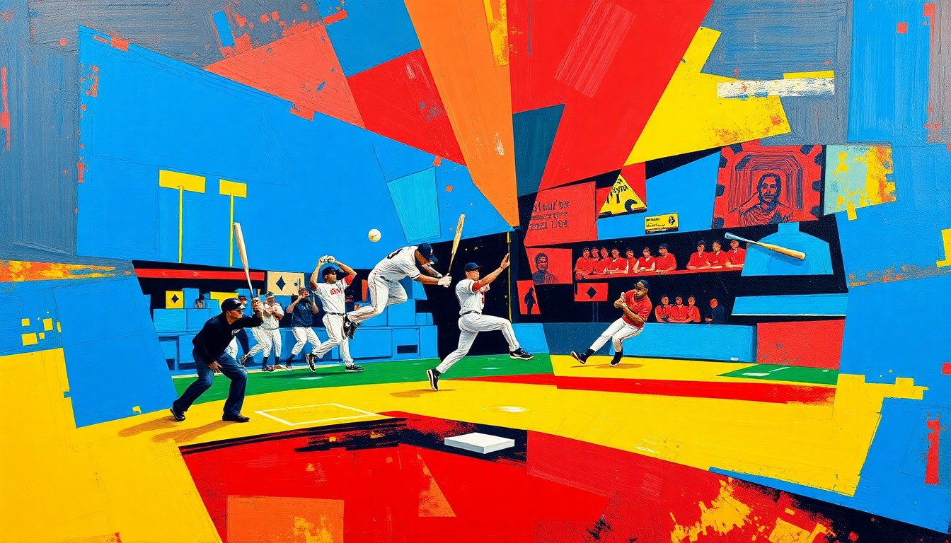 A fragmented, geometric painting depicting the motion of a baseball pitcher, with sharp planes of color and overlapping shapes representing the complex dynamics of pitcher management in modern baseball.