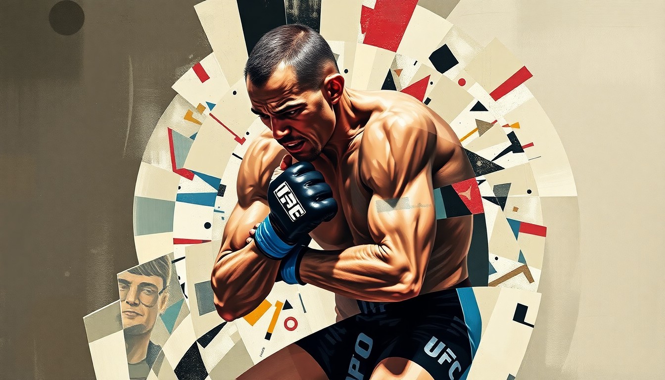 A cubist, geometric painting depicting a UFC fighter in mid-grappling motion, with their body broken down into sharp, overlapping planes of color and form.