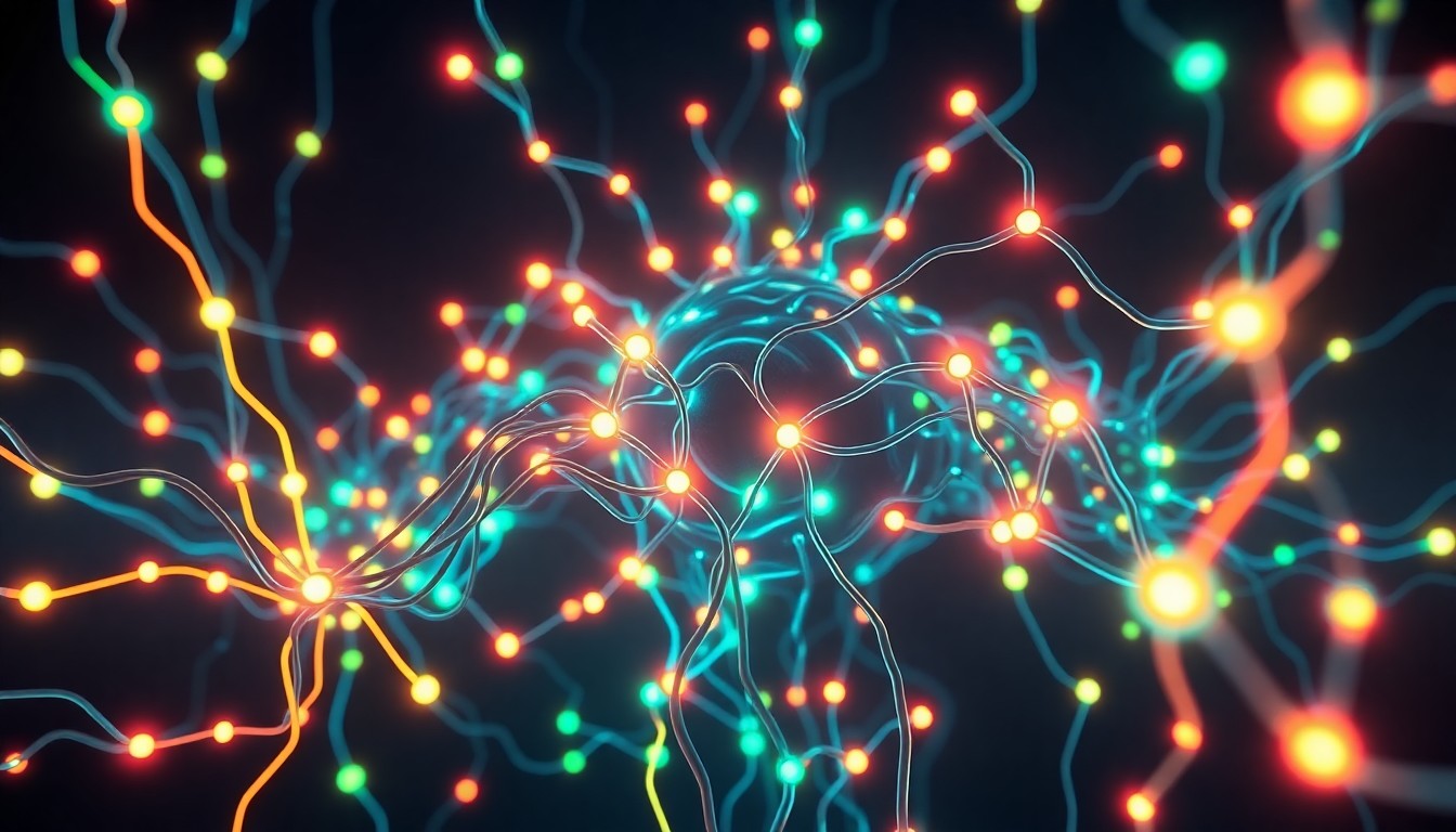 A highly detailed, glowing 3D illustration of a complex AI neural network, with pulsing neon-colored nodes and interconnected cables, set against a dark, moody background, conceptually representing the powerful yet disruptive nature of AI technology.