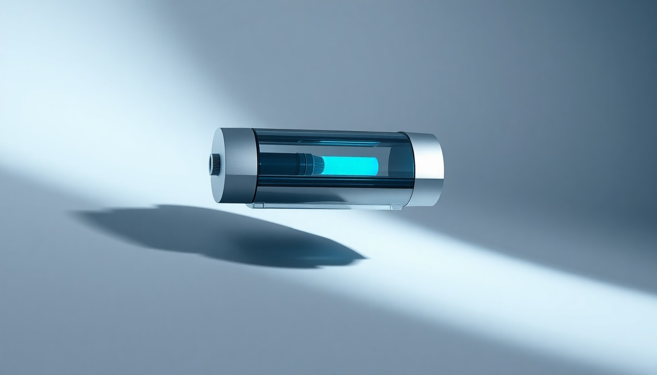 A high-end, photorealistic studio still-life photograph featuring a sleek, modern medical device made of polished metal and glass, floating on a clean, monochromatic background and dramatically lit to represent Kestra Medical Technologies' innovative, life-saving technology.