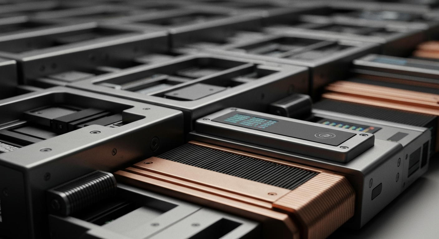 An extreme close-up of intricate banking and computing hardware, representing the complex technological infrastructure that powers the insurance economy.