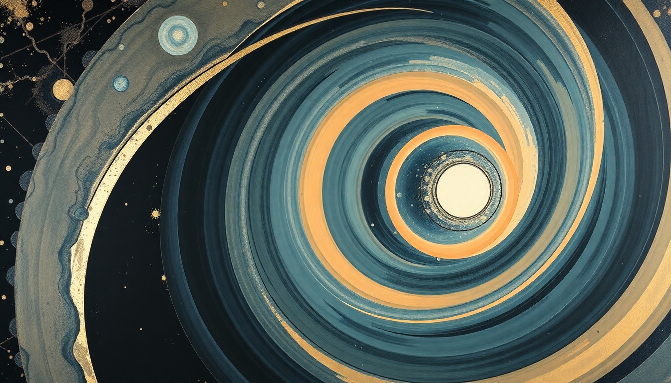 A highly structured abstract painting in soft, flat colors featuring sweeping geometric arcs, concentric circles, and precise spirals, conceptually representing the complex scientific forces and concepts behind the development of NANO Nuclear's KRONOS MMR™ Energy System.