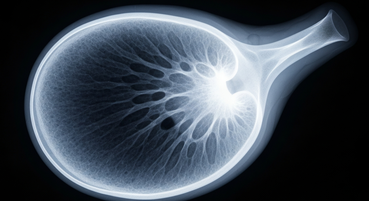 An extreme close-up X-ray photograph revealing the intricate internal structures of a human ovary, conceptually representing the clinical focus on ovarian cancer.