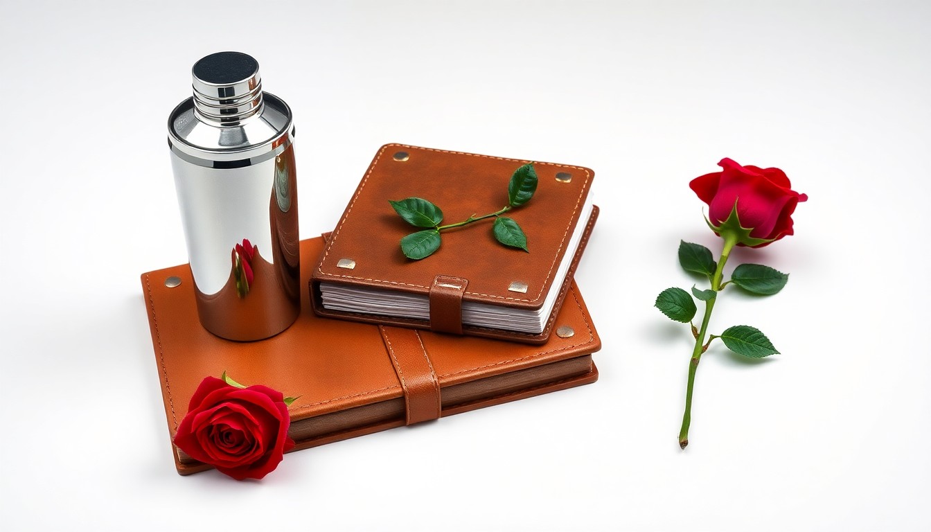 A high-end, photorealistic studio still-life photograph featuring a polished chrome cocktail shaker, a stack of leather-bound ledgers, and a single red rose on a clean white background, symbolizing the premium hospitality, financial discipline, and vibrant culture of Peppermint Hippo's experiential nightlife model.