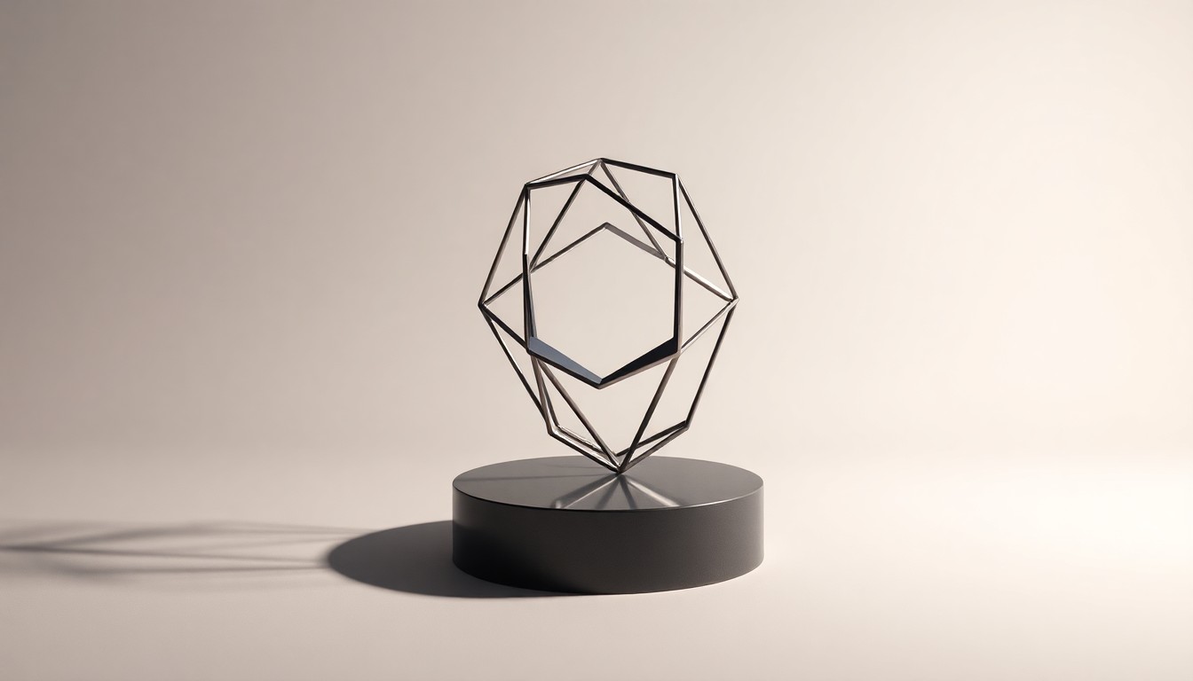 A polished, geometric metal sculpture representing a rare earth element, floating on a clean, monochromatic background and illuminated by dramatic studio lighting to symbolize the strategic importance of rare earth elements for the United States.