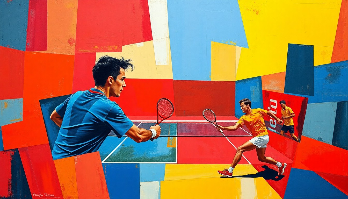 A cubist, geometric painting depicting a tennis match between two players, with the court and players broken down into sharp, overlapping planes of color in shades of red, blue, and yellow.