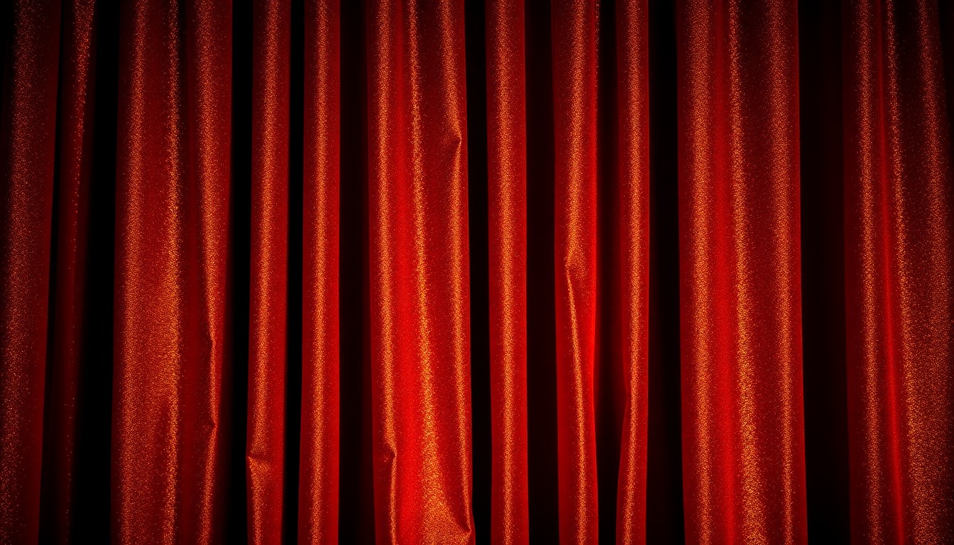 An extreme close-up photograph of a heavily textured, crumpled theater curtain in deep burgundy and gold hues, with dramatic studio lighting creating a high-contrast, glamorous aesthetic.