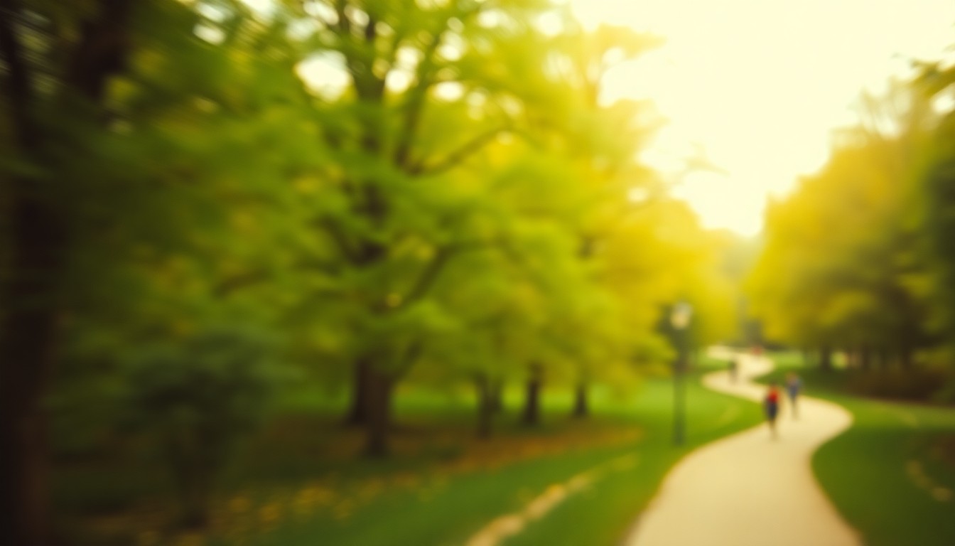 An extremely blurred, impressionistic photograph of a lush, green park scene with people walking along a winding path, the foliage and sky blended into soft, warm pools of color.