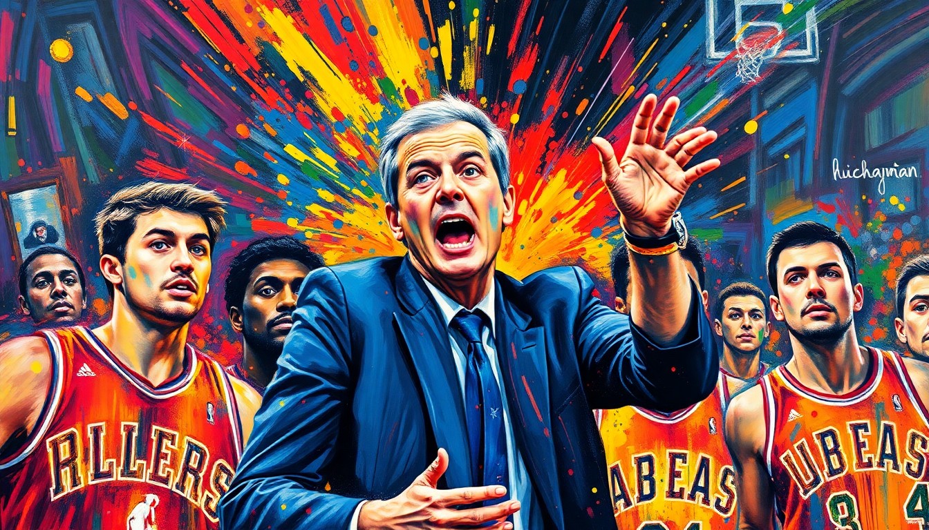 An abstract, energetic painting in neon colors, capturing the dynamic movement and emotion of a basketball coach leading a team, with faces and details blurred into expressive brushstrokes.