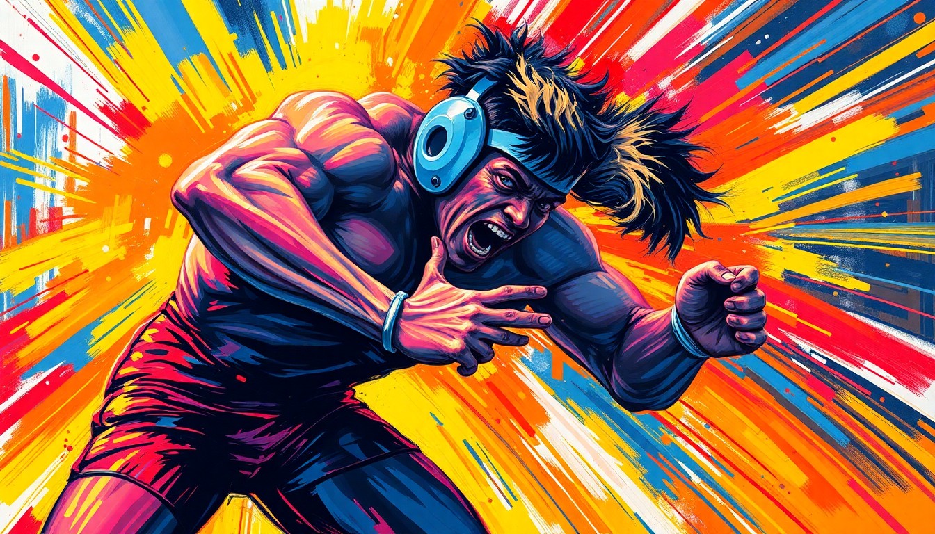 An abstract, energetic painting featuring bold brushstrokes in neon greens, blues, and reds, conveying the intense physicality and competitive spirit of high school wrestling.