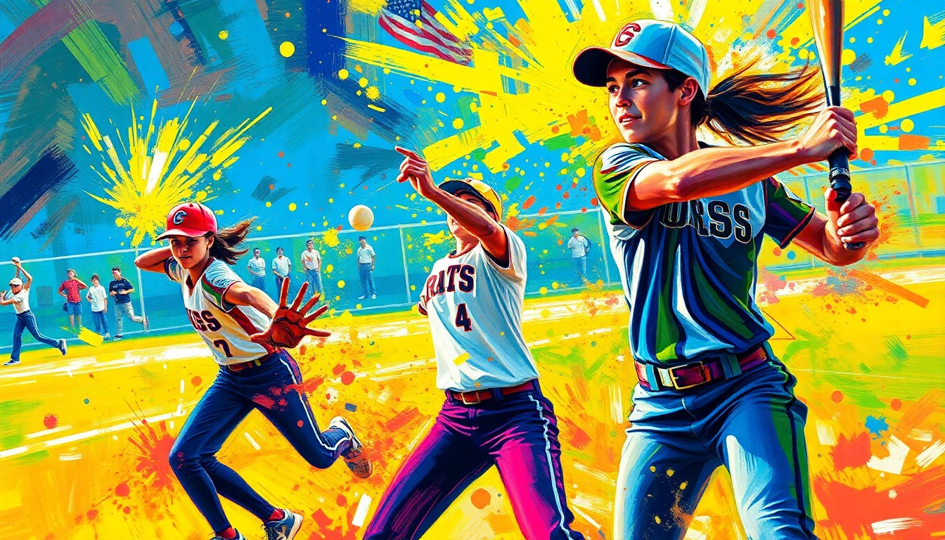 An extreme close-up of a high school softball pitcher in mid-delivery, with the player's form dissolving into a blur of neon-colored brushstrokes that convey the raw power and athleticism of the sport.