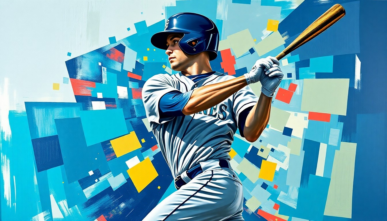 A fractured, cubist-style painting depicting a baseball player's swing broken down into sharp, overlapping geometric shapes in navy blue, teal, and silver, representing the challenges young prospects can face transitioning to the major leagues.