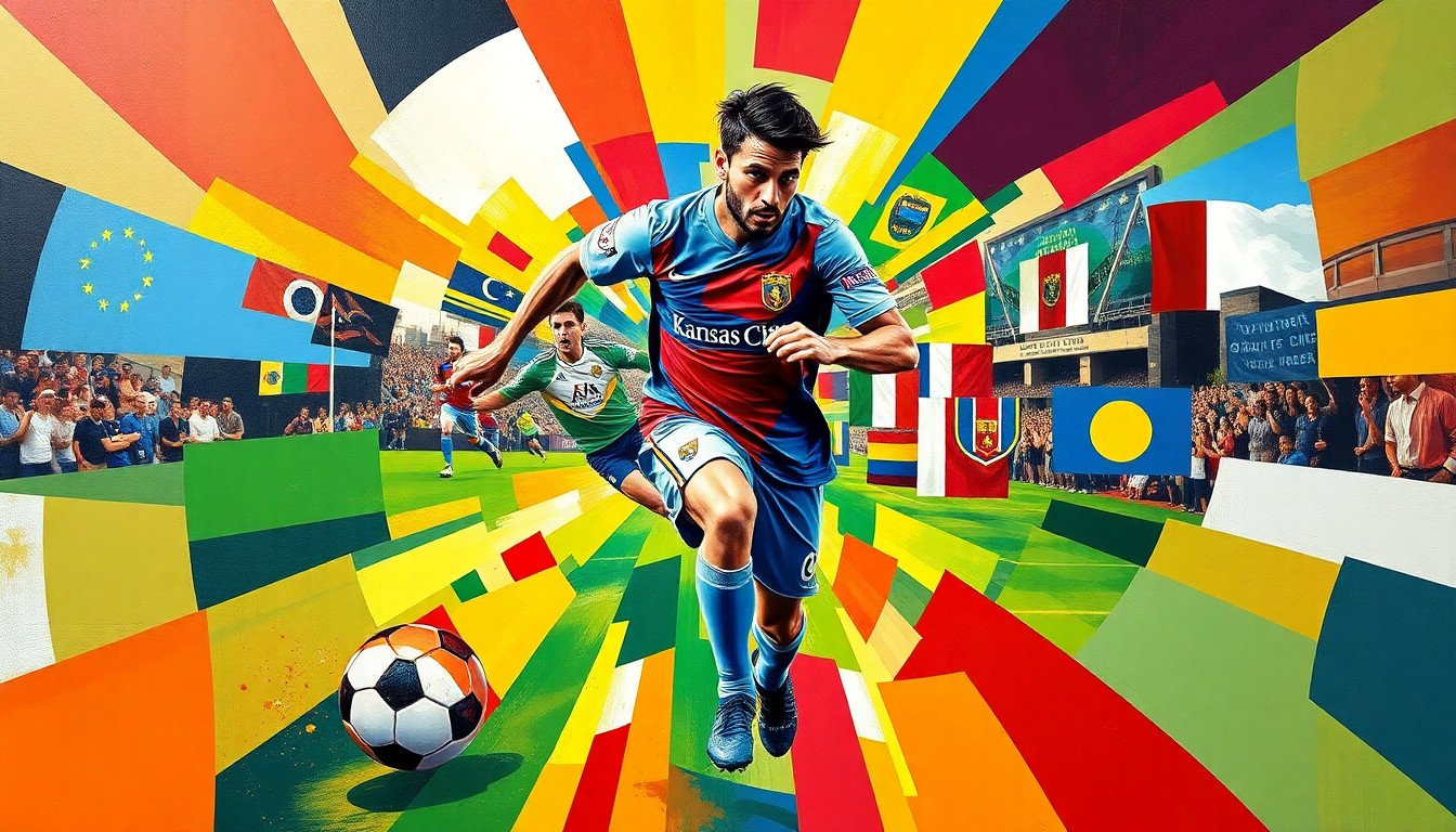A fractured, multi-perspective painting in bold, geometric shapes and colors representing the movements and energy of a soccer match, with the national flags of the participating countries in the background.