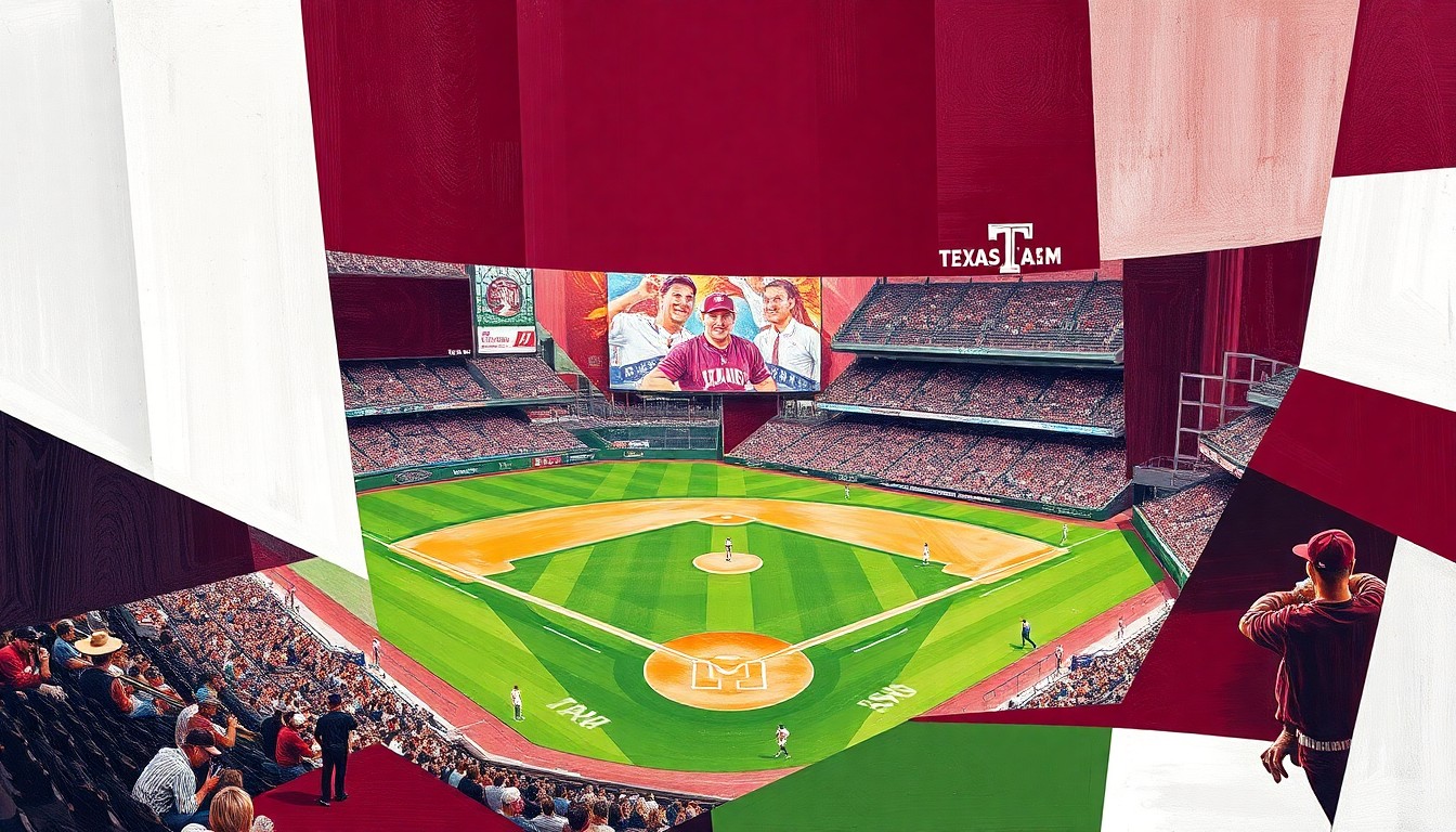 A fractured, cubist-style painting depicting the dynamic action of a college baseball game, with the players and field broken down into sharp, overlapping geometric shapes in the maroon and white colors of Texas A&M.