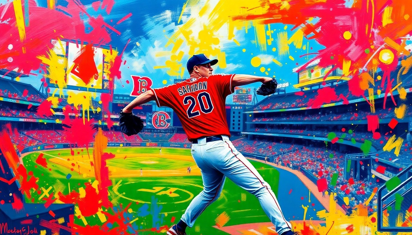 An abstract, expressionist painting in vibrant neon colors capturing the raw energy and motion of a baseball pitcher, with the iconic Fenway Park stadium fading into the background in a blur of brushstrokes.