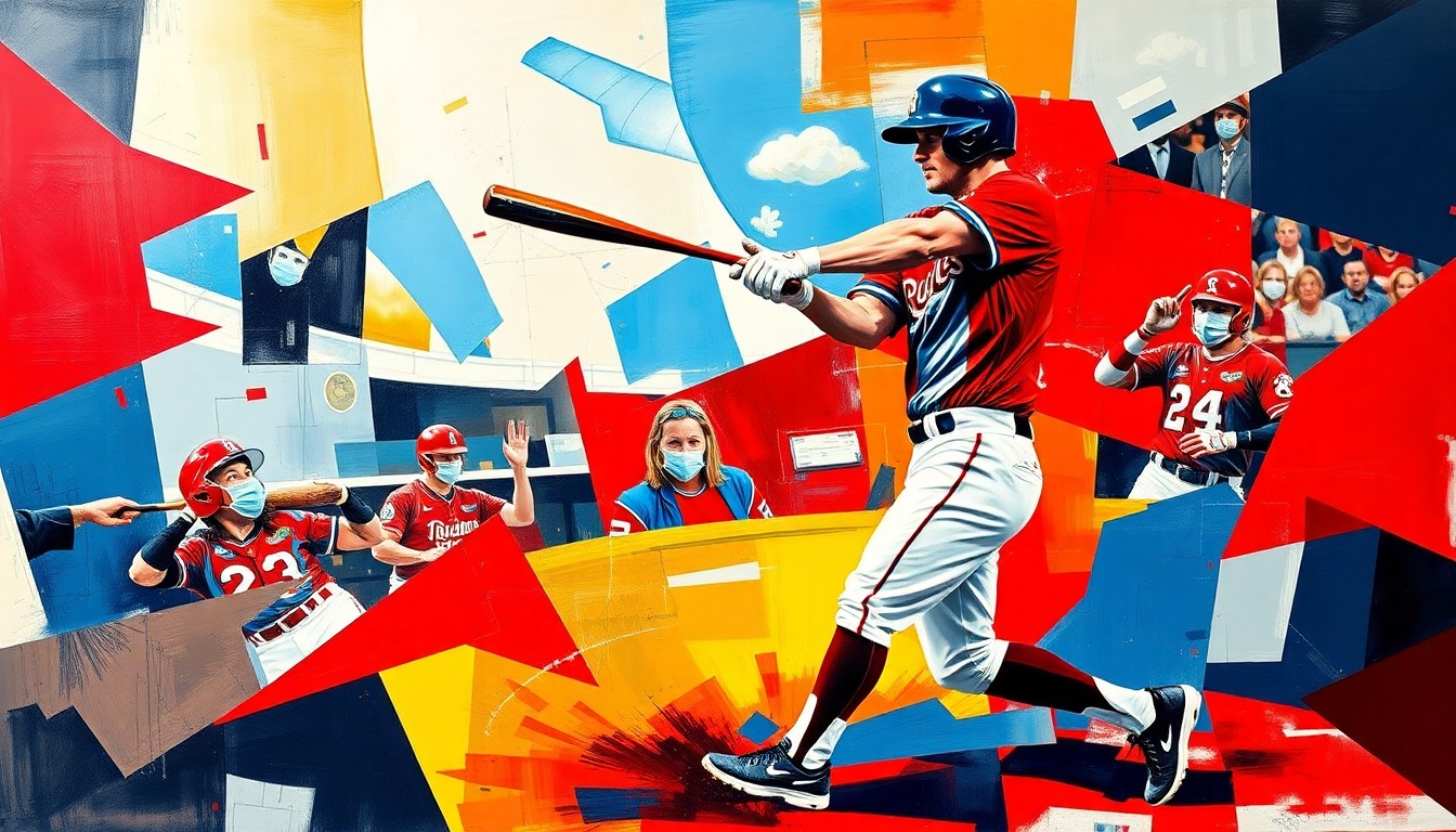 A fractured, cubist-style painting depicting a baseball player's swing, home run, and celebratory moment, broken down into sharp, overlapping geometric shapes in the Guardians' team colors of navy blue, red, and white.