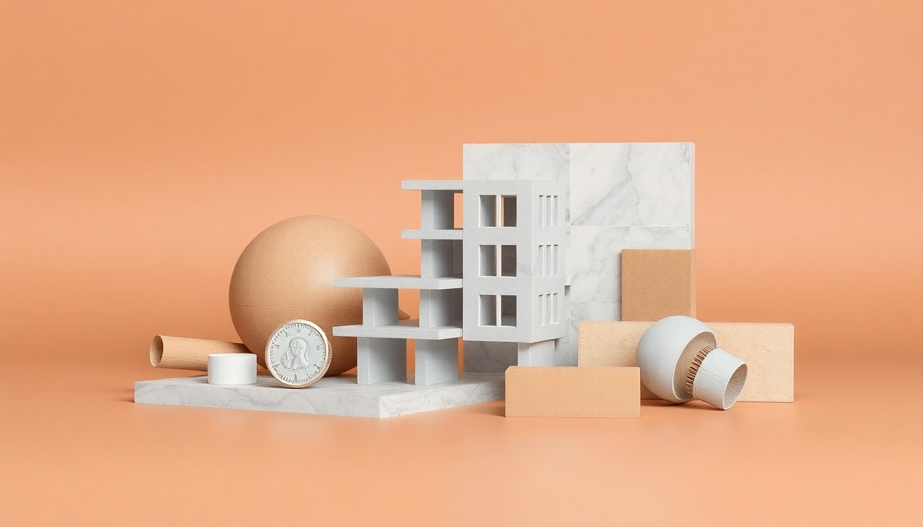 A high-end, photorealistic studio still-life photograph featuring a polished, geometric architectural model or construction materials in a range of premium textures and materials, arranged elegantly on a clean, monochromatic seamless background, conceptually representing the abstract concepts of commercial construction and corporate strategy.