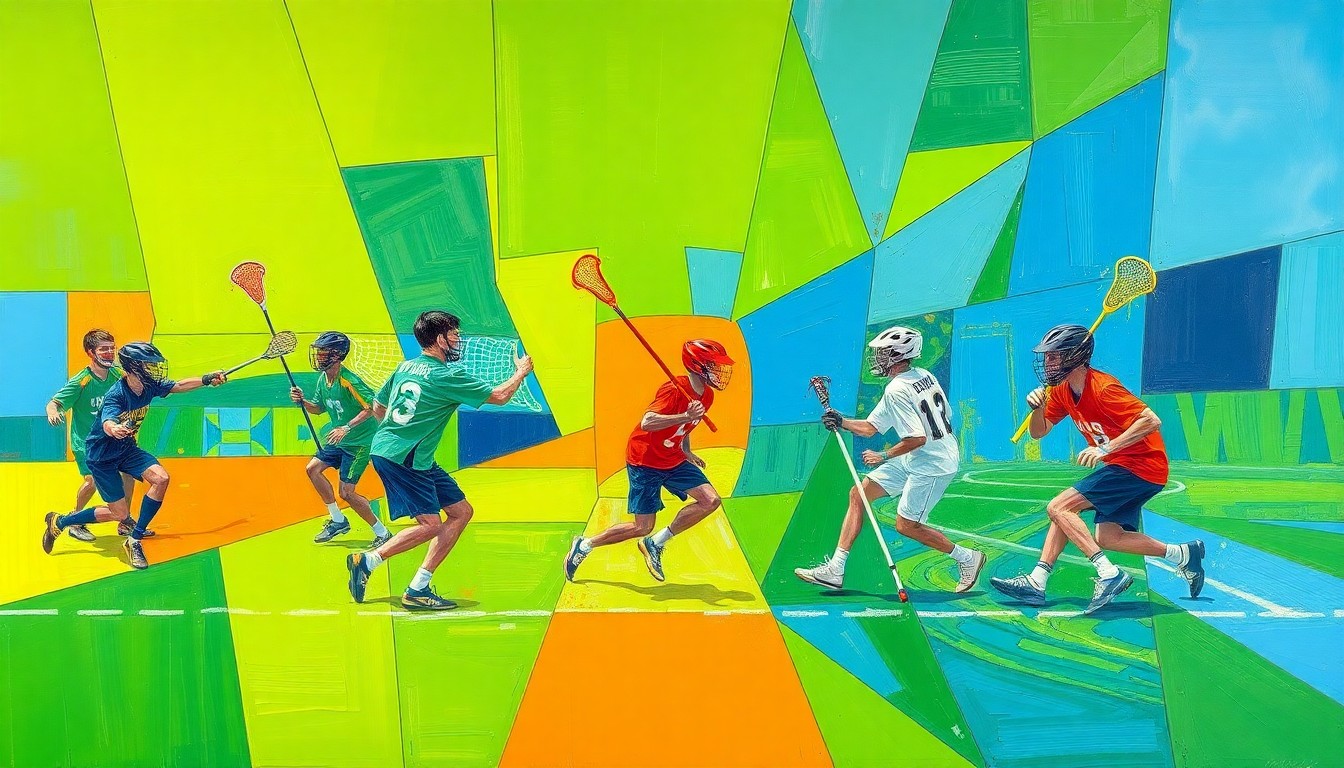 A fragmented, geometric painting in bright colors depicting the dynamic movements and competing perspectives of a boys lacrosse game.