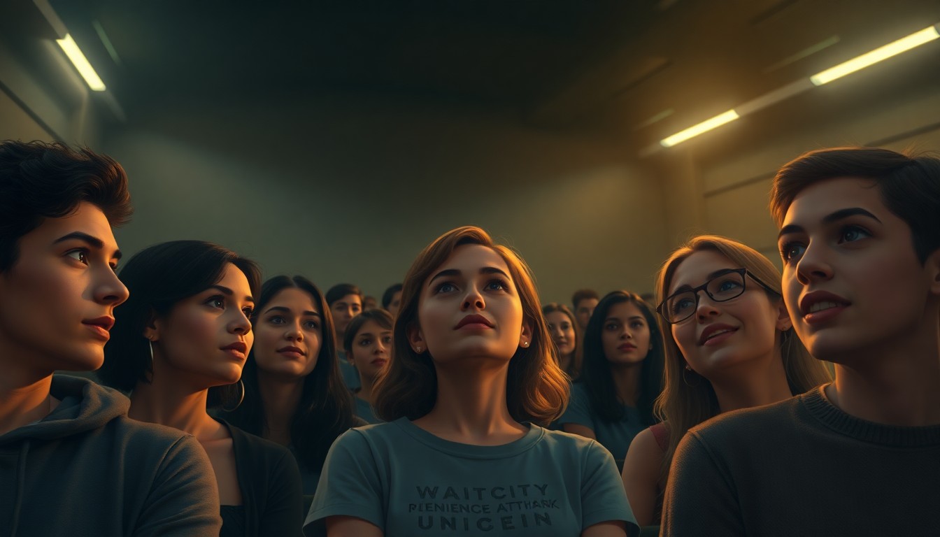 A softly lit, cinematic painting of a group of young people gathered in a university lecture hall, their faces and bodies blurred in a hazy, impressionistic style that captures the sense of political energy and civic engagement.