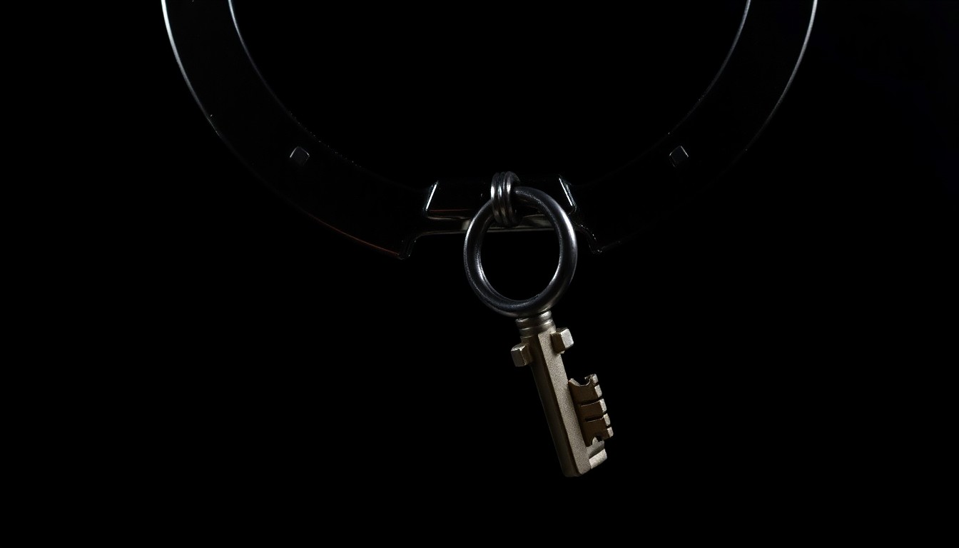 An extreme close-up photograph of a metal handcuff key, reflecting a harsh, direct flash of light against a pitch-black background, conceptually representing the critical role of evidence in a criminal case involving mental health issues.