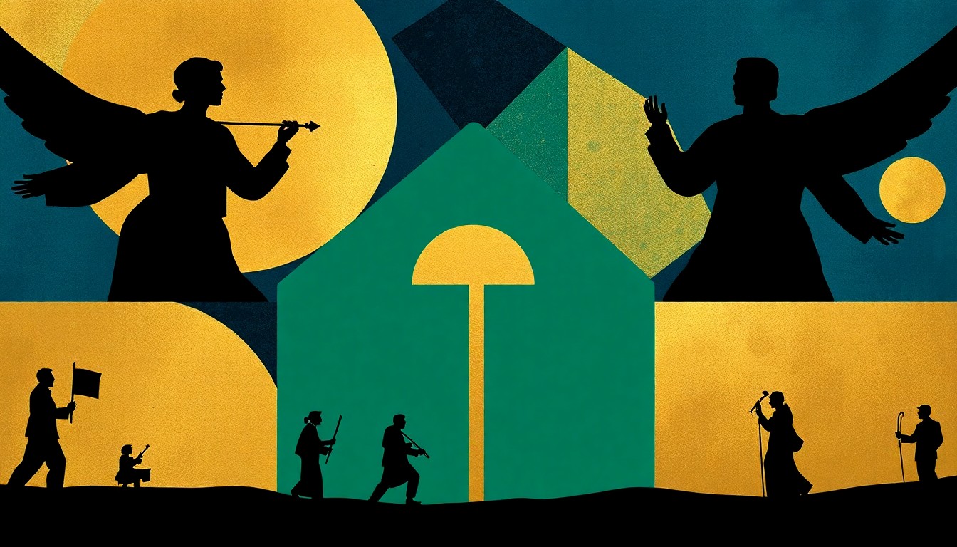 An abstract composition of jagged black silhouettes and bold geometric shapes in shades of blue, green, and gold, conceptually representing the blending of traditional Finnish folk music and modern opera.