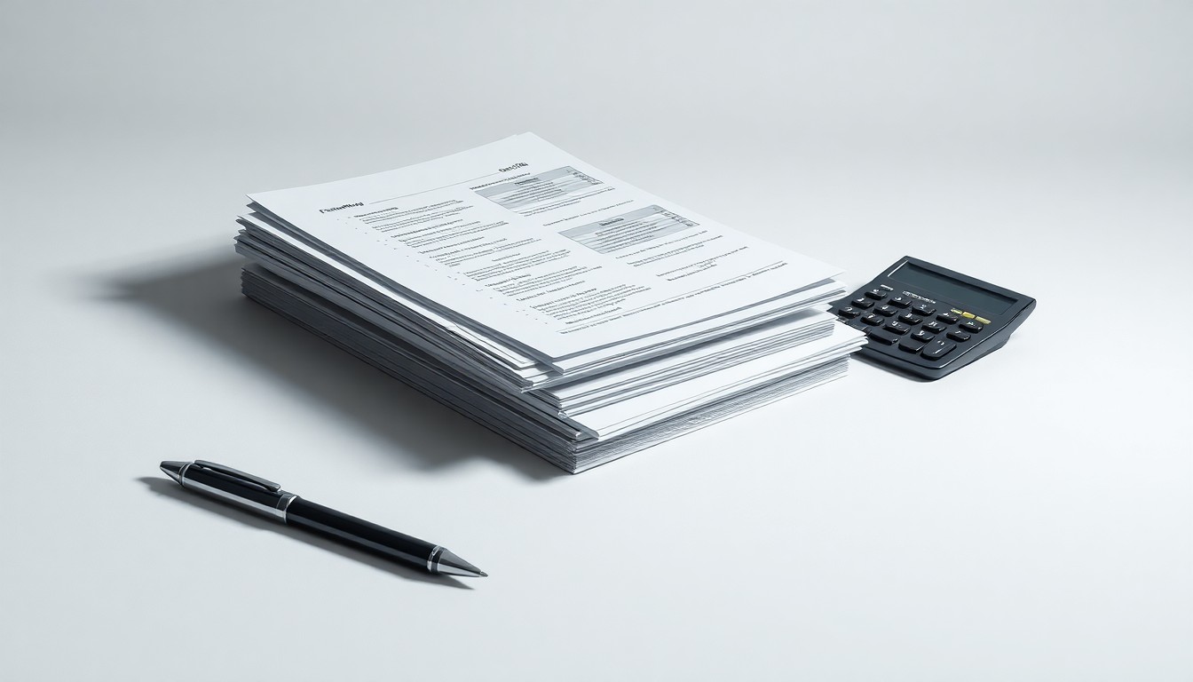 A minimalist, photorealistic studio still life featuring a stack of financial documents, a pen, and a calculator arranged elegantly on a clean, white background, conceptually representing Cornerstone Capital Bank's focus on corporate strategy, finance, and community engagement.