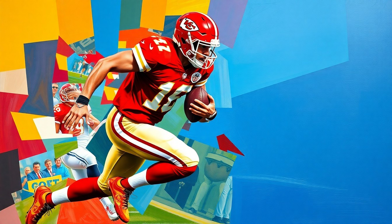 A cubist, geometric painting depicting a football player in mid-pass rush motion, with sharp, overlapping planes of red and gold colors representing the Chiefs' uniform.