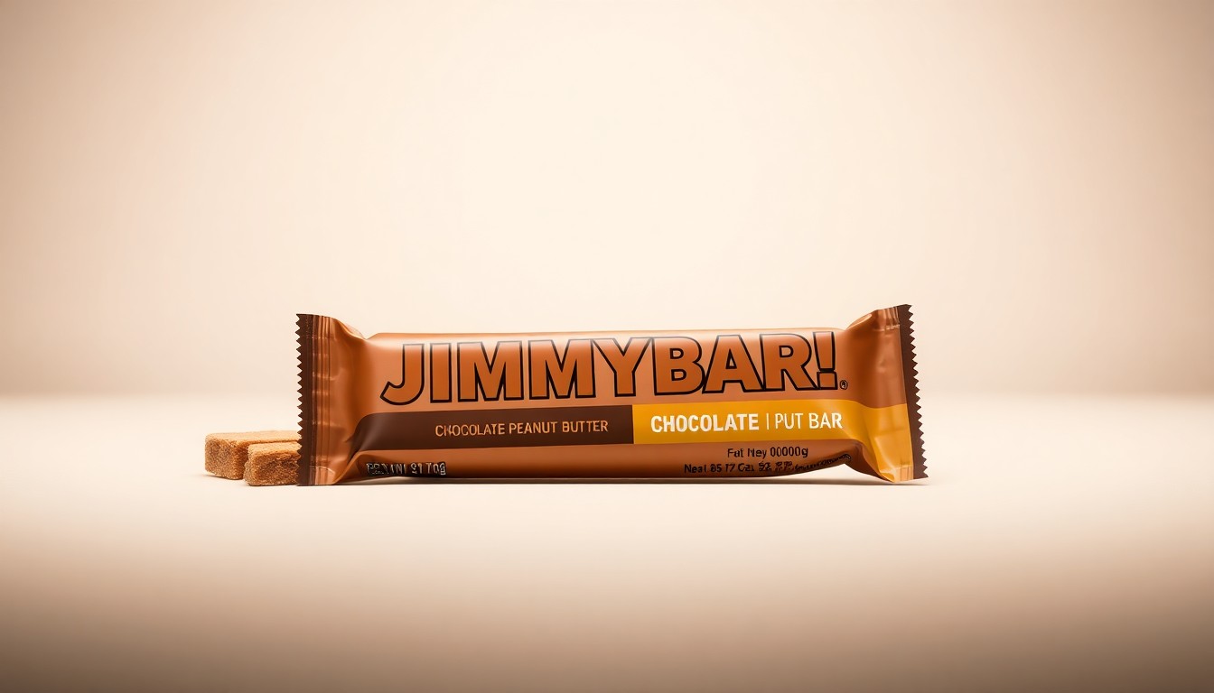 A high-end, photorealistic studio still-life photograph featuring a JiMMYBAR! Creatine Protein Bar in Chocolate Peanut Butter flavor, elegantly arranged on a clean, monochromatic seamless background with sharp, dramatic lighting and deep shadows.