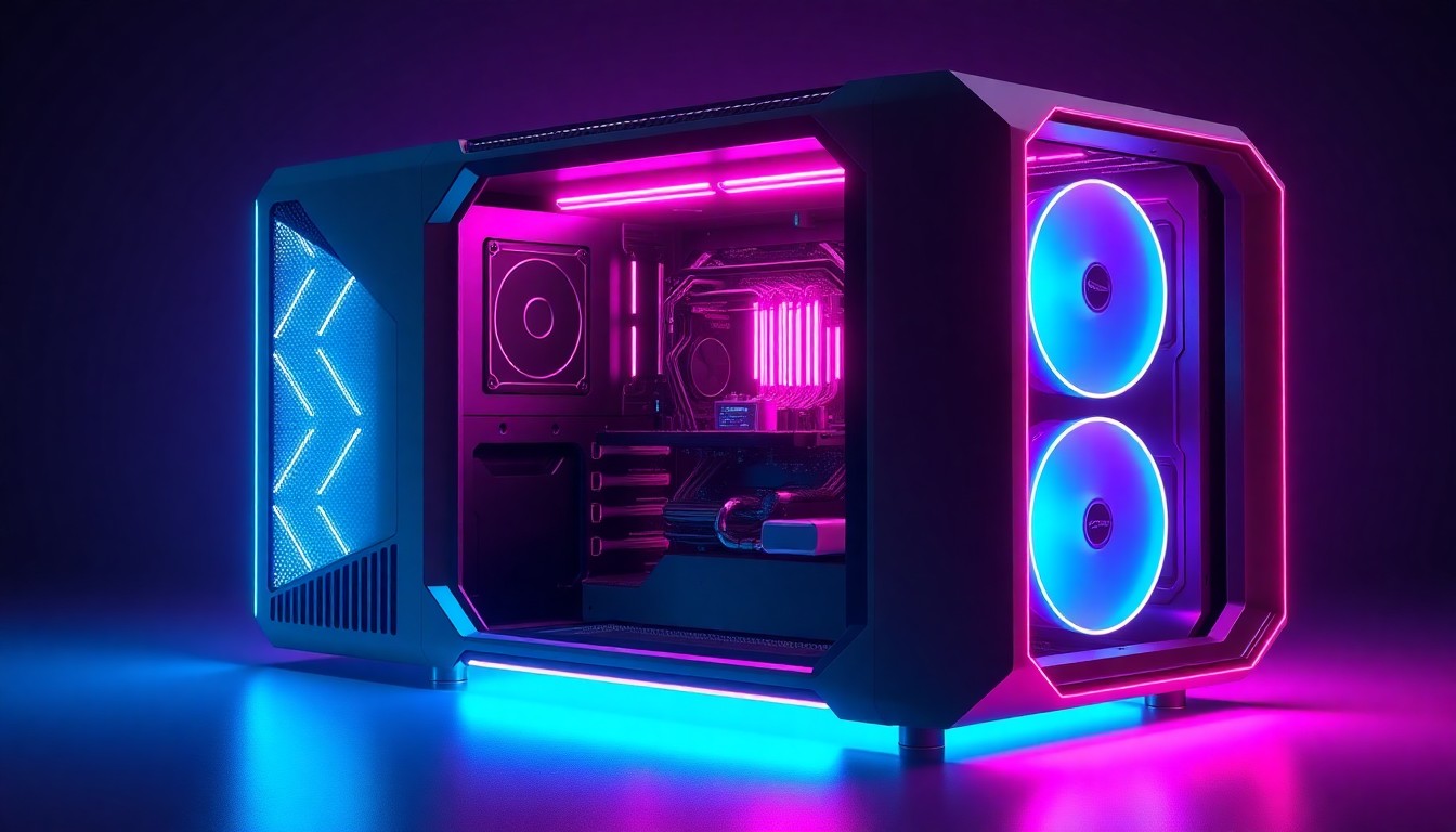 A highly detailed, glowing 3D illustration of the Acer Veriton GN100 AI workstation, with its sleek, geometric chassis and internal components illuminated by neon cyan and magenta lights, conveying a sense of advanced, high-tech capabilities powering the next generation of AI development.
