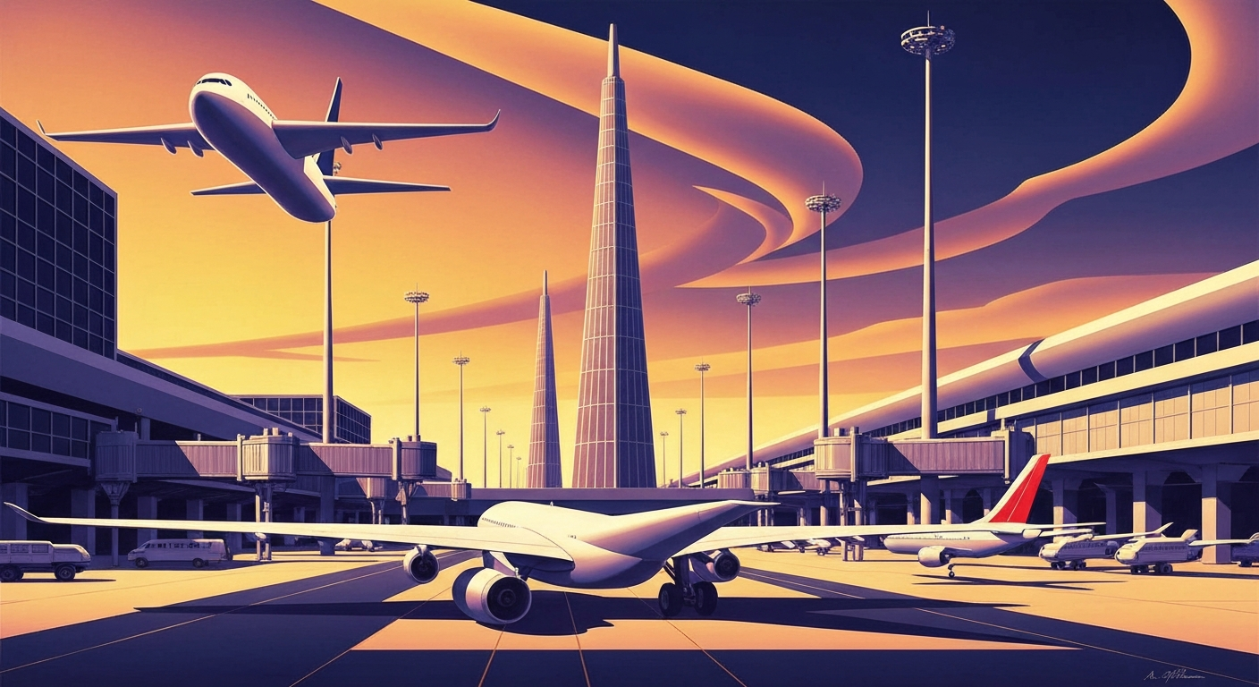 A bold, geometric illustration in the Art Deco style, depicting the grand scale and uncertainty of global air travel during a period of volatile fuel prices. The image features sweeping, smooth gradients and towering, streamlined forms of airport terminals and aircraft, without any text or identifiable people.