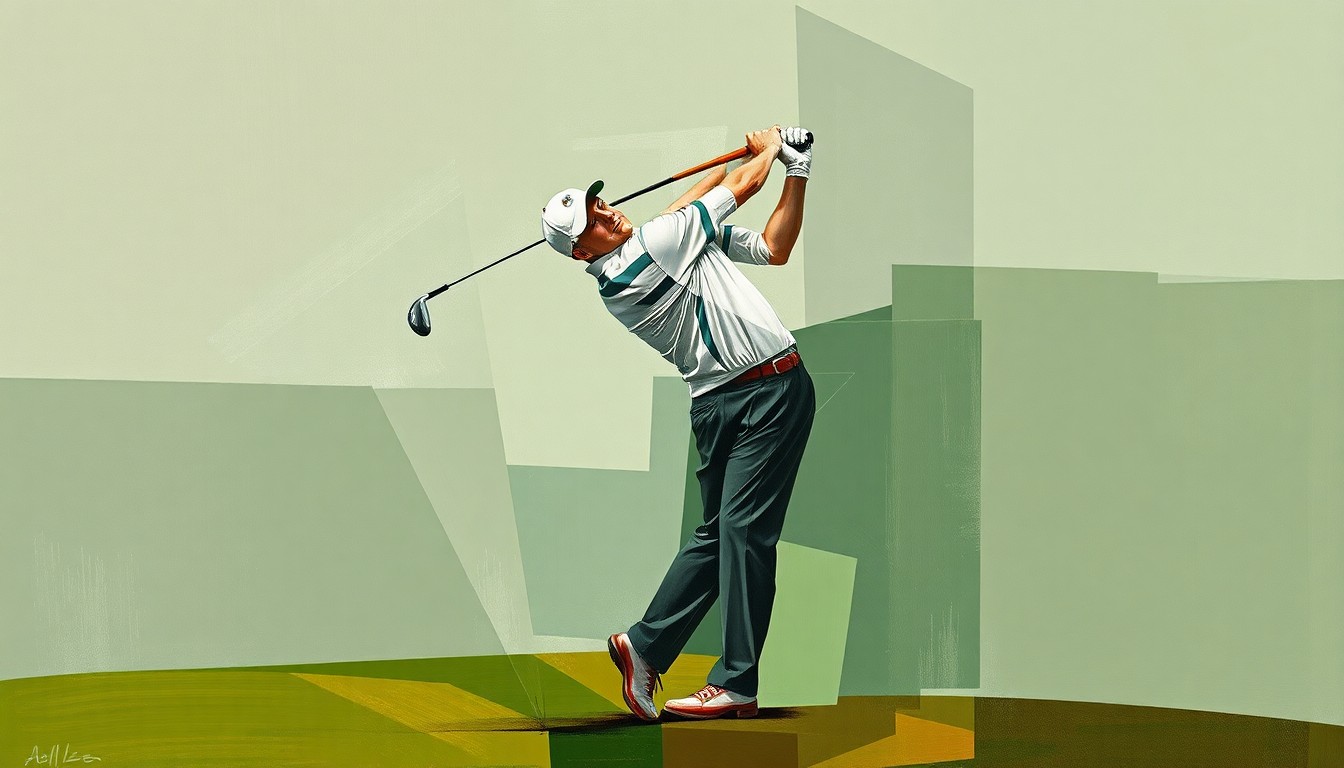 A cubist, geometric painting depicting a golfer in mid-swing, their body and club broken into overlapping planes of muted greens, browns, and greys, conceptually representing the deconstruction of the game's traditions.