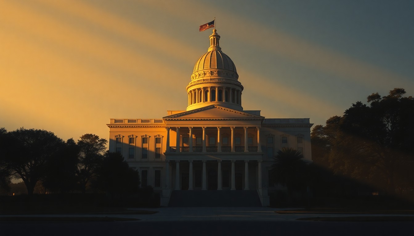 A serene, painterly depiction of a California state capitol building in soft, warm light, conveying a sense of quiet contemplation around the legislative process.