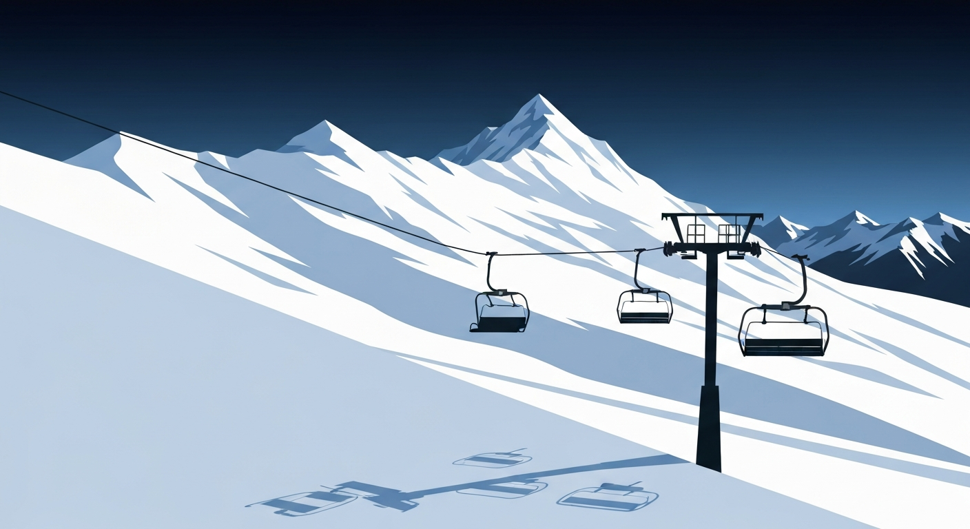 A bold, geometric illustration in the Art Deco style, featuring a sweeping view of a snow-covered mountain landscape with a chairlift in the foreground, capturing the grand scale and romance of late-season skiing.