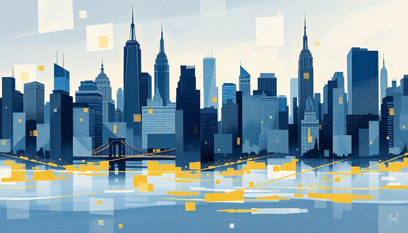 A dynamic, abstract painting of the New York City skyline in shades of blue, grey, and gold, with the silhouettes of skyscrapers and bridges repeated in overlapping geometric waves, conveying the fast-paced energy and economic forces shaping the city.