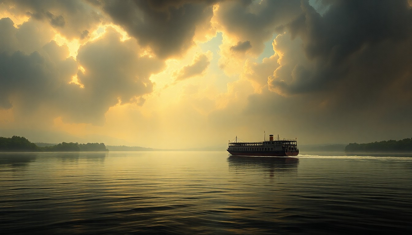 A sweeping, atmospheric landscape painting depicting a lone barge floating on the Kalamazoo River, surrounded by dramatic clouds and dramatic lighting that dwarfs the vessel in the natural setting.