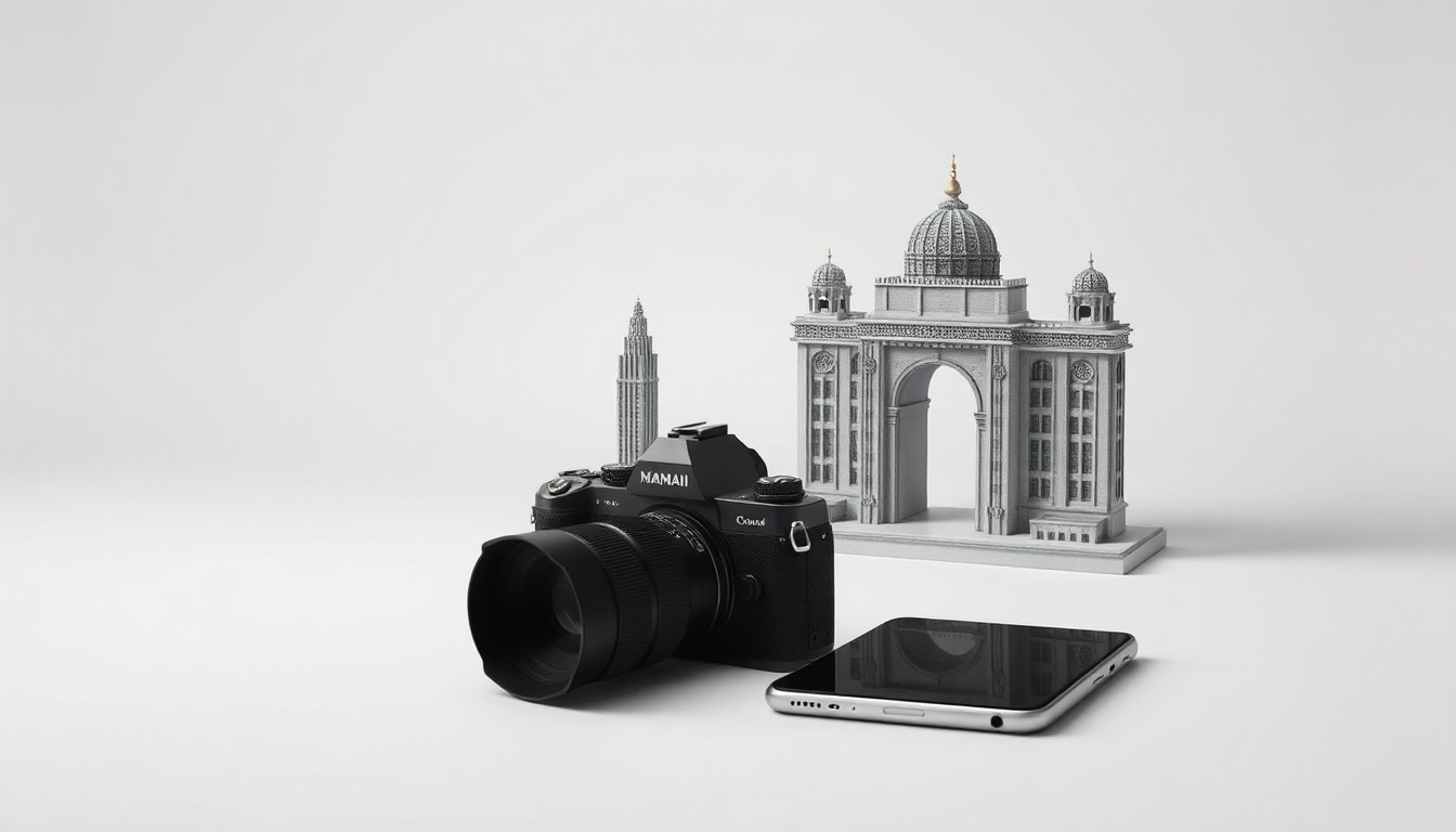 A photorealistic studio still-life photograph featuring a carefully arranged composition of premium, polished objects representing the convergence of the Los Angeles and Mumbai economies, including a film camera, a smartphone, and a model of the Mumbai skyline, all set against a clean, monochromatic background.