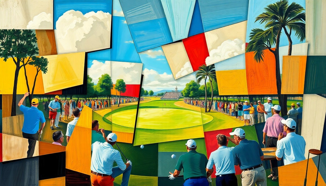 A cubist, geometric painting depicting a fragmented, multi-angled view of a golf tournament scene, capturing the energy and competition of the event.