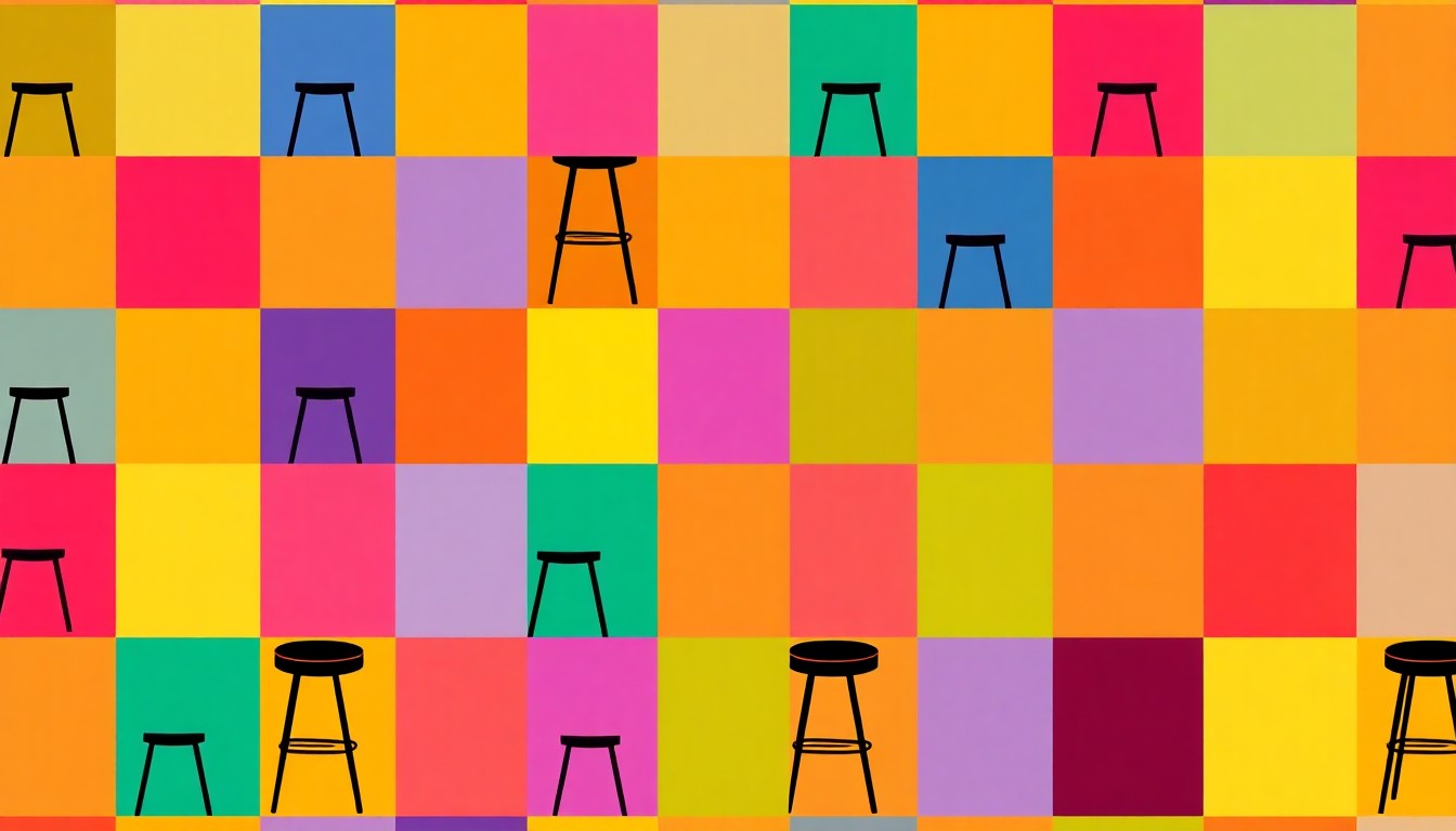 A bold, colorful silkscreen-style illustration featuring a repeated pattern of a single, iconic bar stool in vibrant neon hues, conceptually representing the high-quality, long-lasting furniture item being sold.