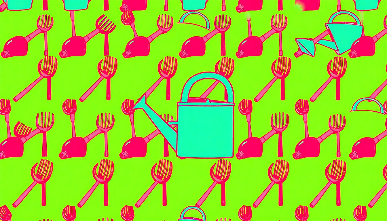 A grid of brightly colored, high-contrast silkscreen images of a single farming tool such as a pitchfork or watering can, conceptually representing the hands-on agricultural education program for high school students.