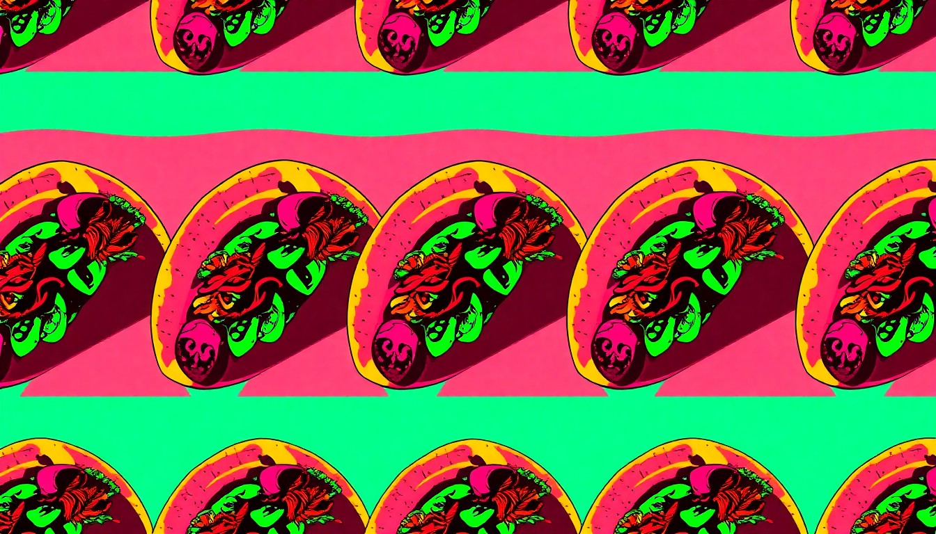 A brightly colored, high-contrast silkscreen print of a mesquite-grilled taco repeated in a tight grid pattern, capturing the unique 'al carbon' flavor profile that defines Tacos Las Espadas' culinary approach.