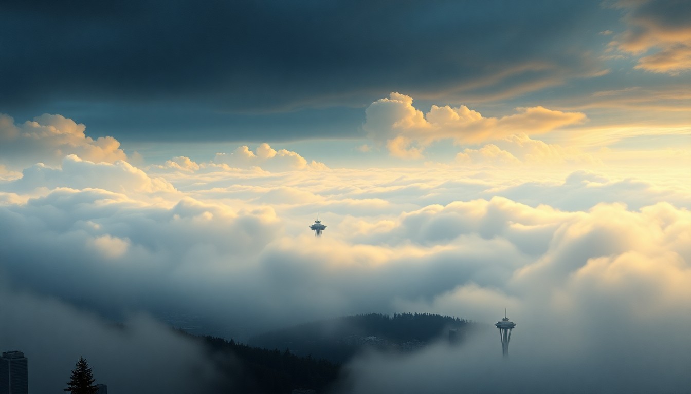 A sweeping, atmospheric landscape painting depicting the Seattle skyline shrouded in fog, with the Space Needle barely visible in the distance, conveying a sense of the city's vulnerability to the region's dramatic weather patterns.