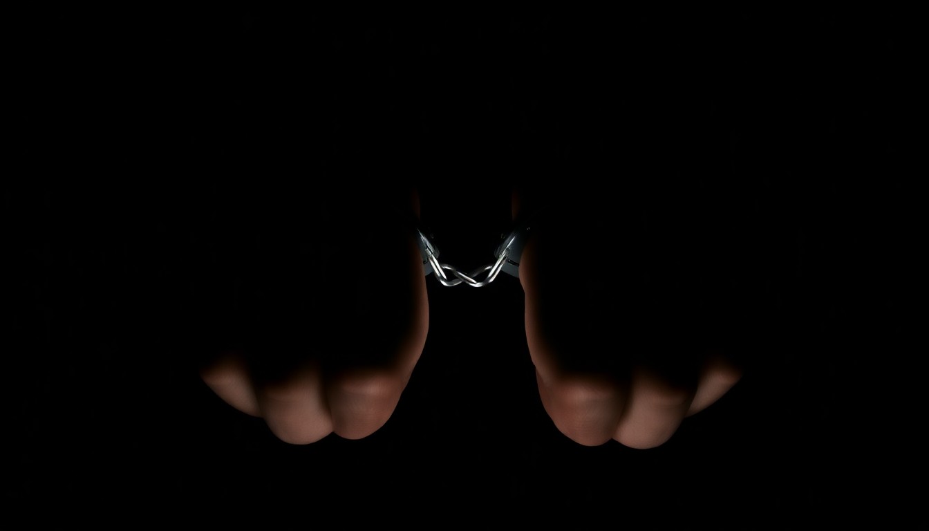 An extreme close-up photograph of a pair of handcuffed wrists against a pitch-black background, conveying the serious, investigative nature of a sex trafficking case through dramatic lighting and texture.