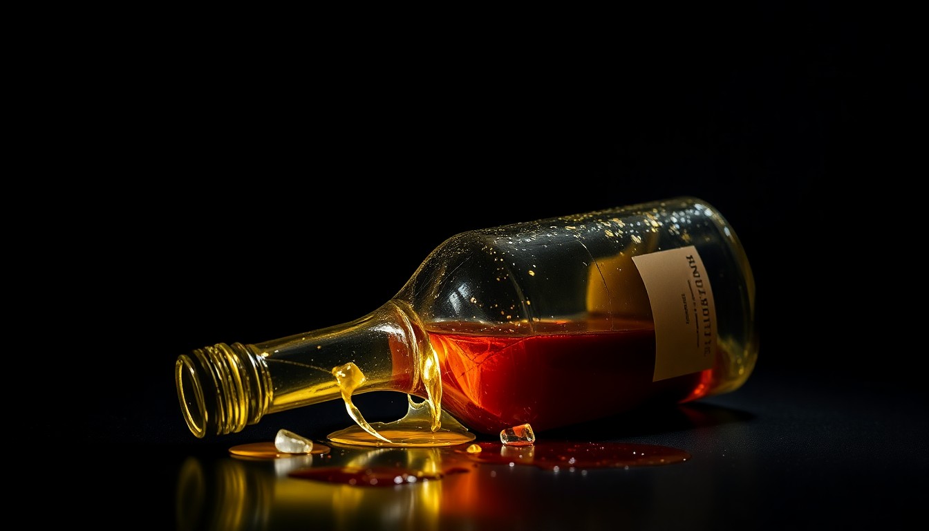 An extreme close-up photograph of a broken liquor bottle against a pitch-black background, conceptually representing the illegal alcohol sales at the site of a fatal shooting.