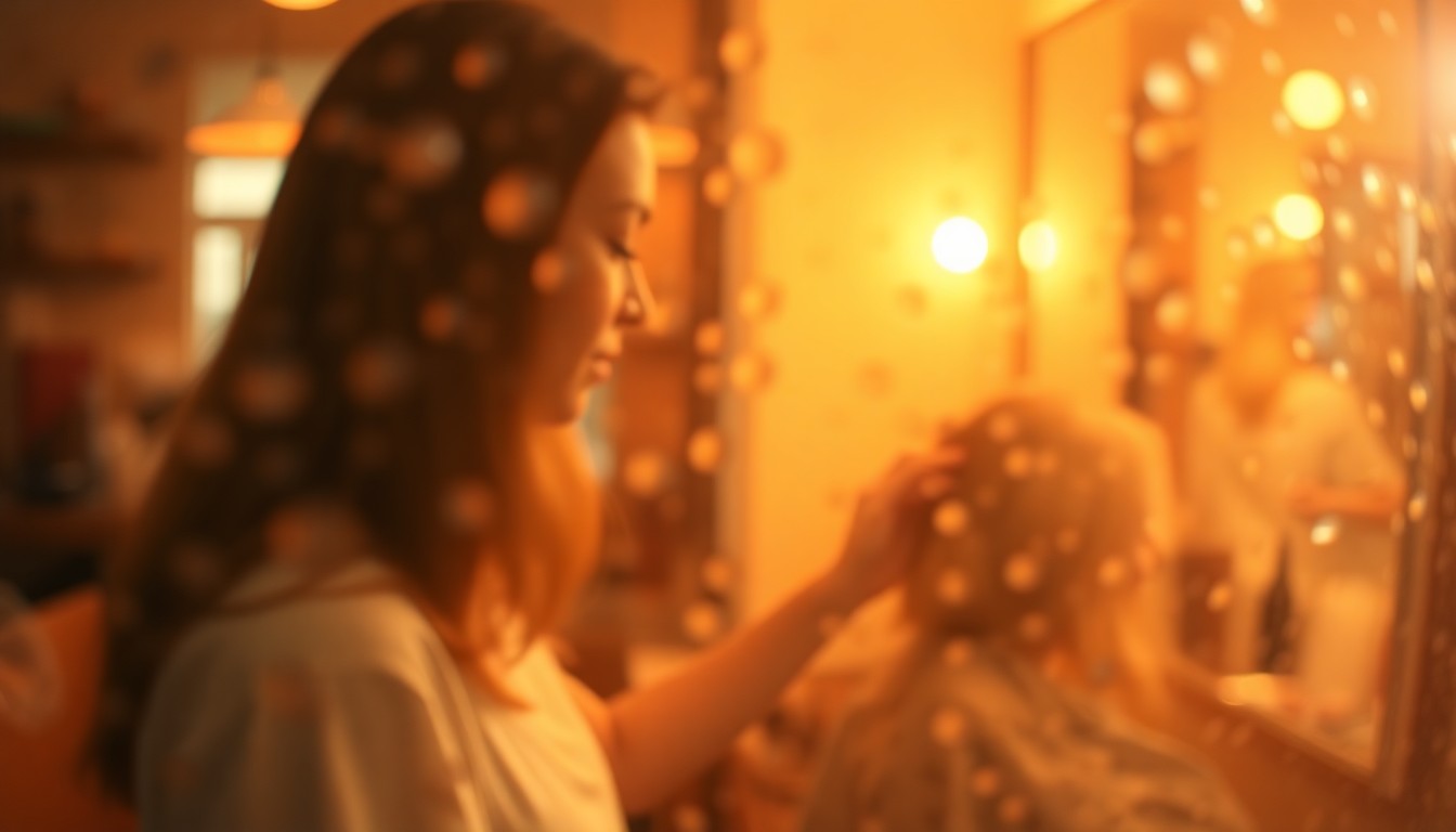 An abstract, out-of-focus photograph depicting a warm, softly lit scene of a hairstylist working with a client, conceptually representing the legacy of a beloved community figure.