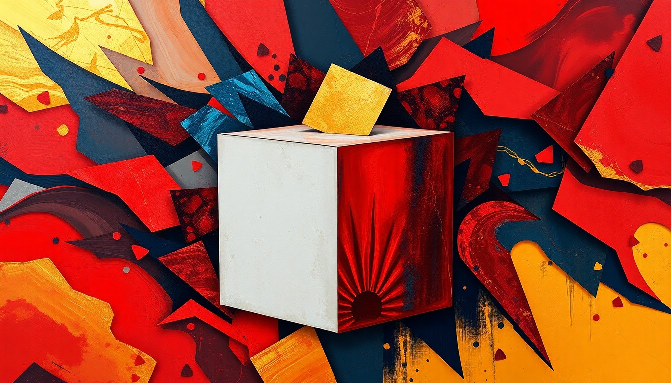 A fractured, abstract painting depicting a ballot box or voting booth in overlapping geometric shapes and waves of deep red, navy blue, and gold, conveying the high-stakes and chaotic energy of the upcoming midterm elections.