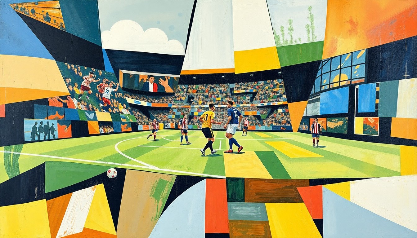 A cubist, geometric painting depicting fragmented and overlapping shapes representing soccer players and a field, conveying the complex and shifting dynamics of a midfield transfer saga.