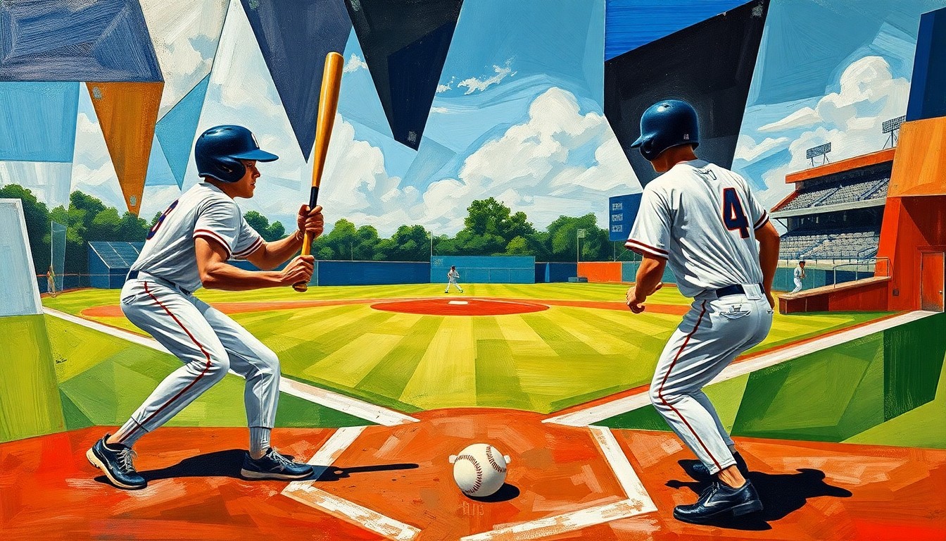 An abstract painting with sharp, overlapping geometric shapes in shades of blue, green, and orange, representing the dynamic movements and competitive spirit of a high school baseball game.